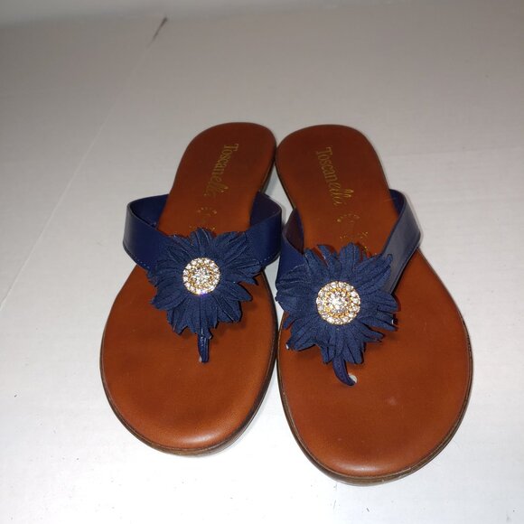 Toscanella Leather Embellished Leather Thong Fringed Sandals Sz 9 1/2 Navy Blue - Picture 2 of 8